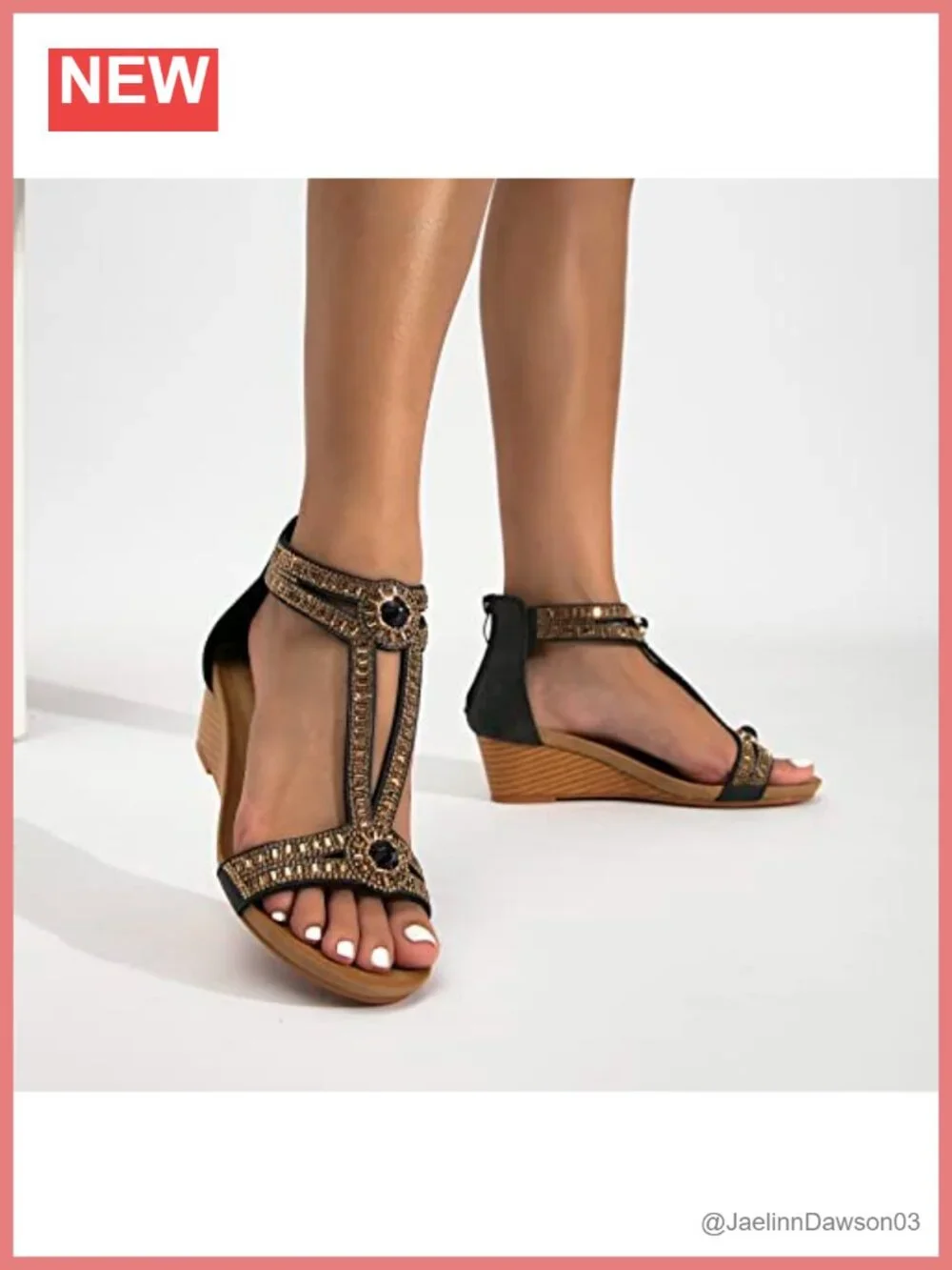 Women's Rhinestone Open Toe Wedge Sandals with Ankle Strap, Cushioned Faux